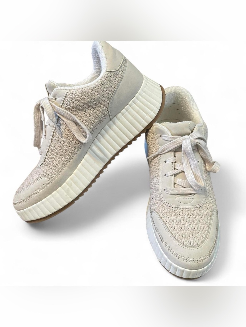 Women's Beige Knit Platform Sneakers - Lightweight Everyday Style